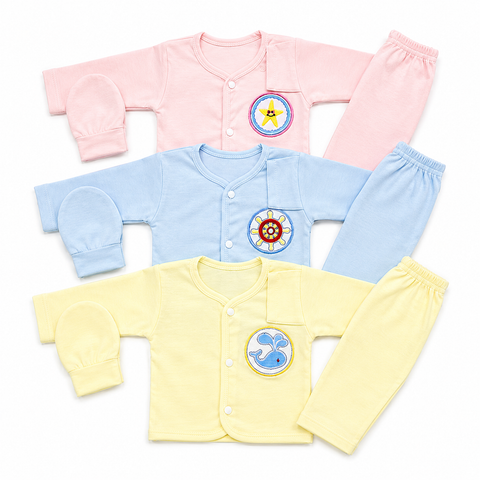 New Born Pack of 3 Night Suits - Sea - Pink Blue Yellow