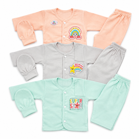 New Born Pack of 3 Night Suits - Rainbow - Green Peach Grey
