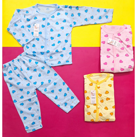 New Born Pack of 3 Night Suits - Hearts - Yellow Blue Pink