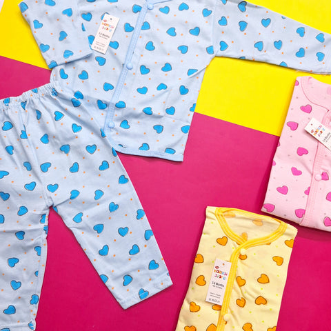 New Born Pack of 3 Night Suits - Hearts - Yellow Blue Pink