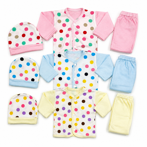 New Born Pack of 3 Night Suits -Circles - Yellow Blue Pink