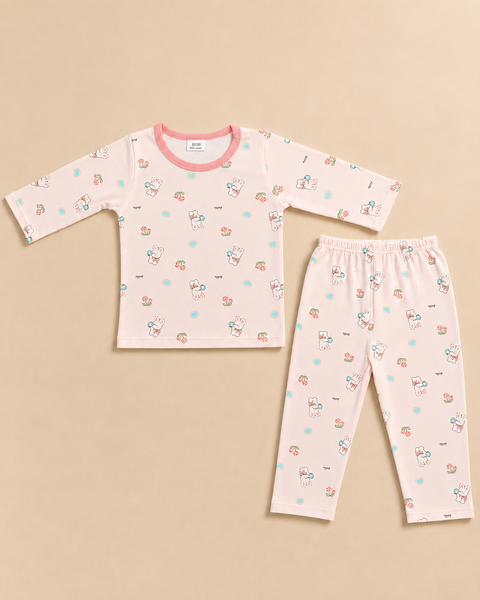 Night Suit - Cotton Interlock - Pink - Rabbits